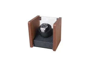 Luxury wooden single watch winder with carbon fiber texture base and clear dust cover