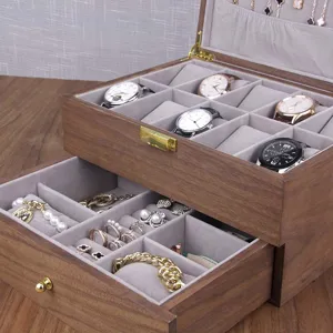 Wooden watch and jewelry storage box detail view, dual-layer organizer showcase with slots.