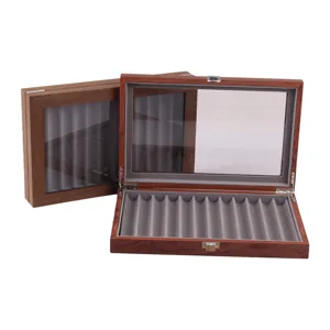 Vintage 12-slot wooden pen display box with clear glass window and grey velvet lining for office storage.