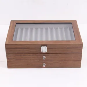 Wooden pen display box with glass lid and drawers for office desk and collection storage.
