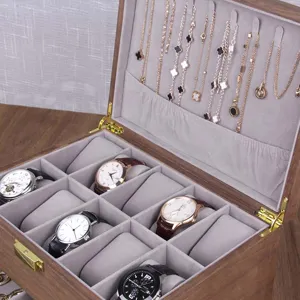 Wooden watch and jewelry storage box with glass lid, double layer display organizer case.