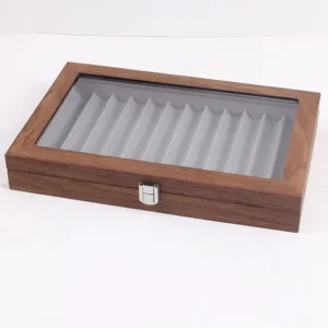 12-slot vintage wooden pen display storage box with clear glass lid for business gifts