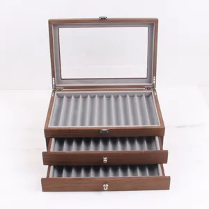 Wooden fountain pen display box with glass lid 3-layer drawer retro storage case