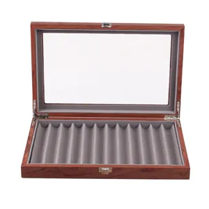 Vintage wooden 12-slot fountain pen display box with glass lid and grey velvet interior.