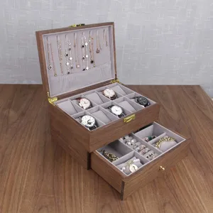 Wooden watch jewelry box detail, double layer wood storage case with soft velvet interior lining.