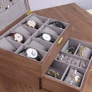 Double-layer wooden watch jewelry storage box, premium display organizer for accessories.