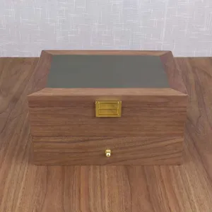 Walnut wooden double-layer watch and jewelry storage box with display window and drawer.