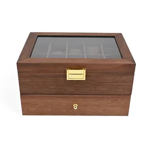 Double layer wooden watch box jewelry storage organizer with glass lid and drawer gold clasp