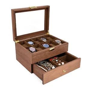 Double layer wooden watch box jewelry storage organizer with glass lid and pull out drawer for rings