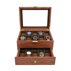 Double layer wooden watch box with glass lid and 20 slots for luxury watch and jewelry storage.