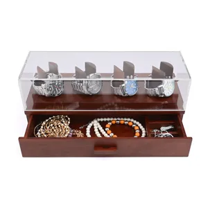 Wooden Watch Storage Box With Clear Acrylic Lid And Drawer Jewelry Display Organizer For Men Women Eyewear Watch Collector