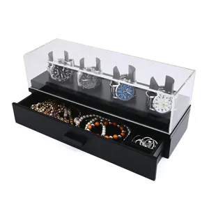 Clear acrylic watch box with black drawer storage for men women watches bracelets rings