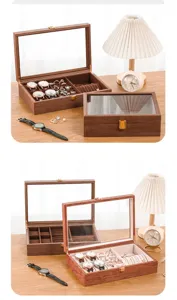 Wooden jewelry display box with clear glass lid and soft velvet interior for watches and rings.