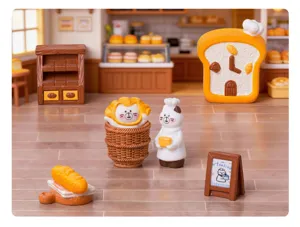 Détail du set de figurines chats de boulangerie miniature, jolie déco en résine pour bureau et maison.