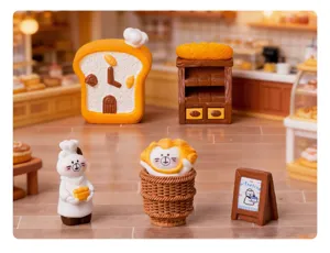 Détail de figurine en résine boulangerie miniature, chat chef et horloge pain mignonne.