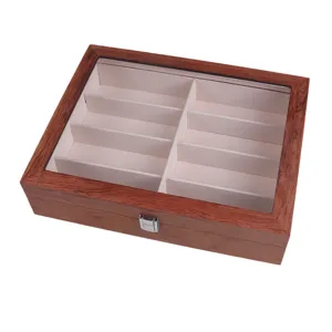 Wooden 8-grid glasses storage box with glass lid and metal clasp for sunglasses display.