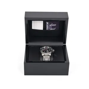 Premium black wooden watch box with gloss finish and leather interior lining for luxury gift.