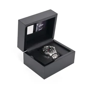 High-end black wooden watch box with glossy piano finish, elegant gift packaging case.