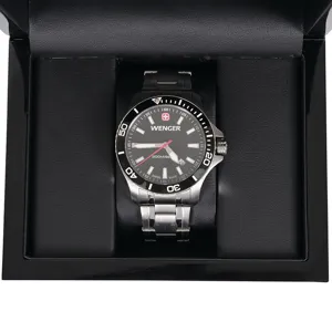 Stainless steel mens diving watch with black dial, rotating bezel and metal bracelet luxury gift.
