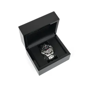 Luxury black wooden watch box with piano paint finish, elegant jewelry gift packaging case.