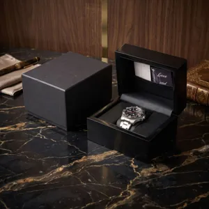 Luxury black wooden watch box with high gloss lacquered finish, perfect for gifts and jewelry.