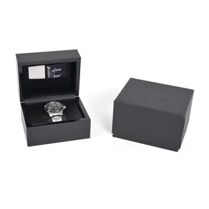 Black wooden watch box with piano paint finish, gift packaging and soft display pillow.
