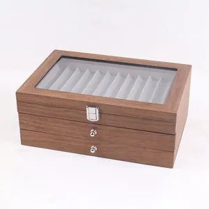 Vintage wooden pen display box with glass top, multi-layer drawer organizer for fountain pens.