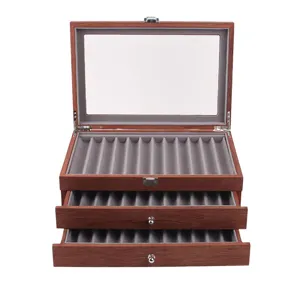 Vintage wooden fountain pen display box with glass top and two drawers for 34 pens.