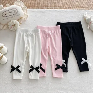 Baby Girls Ribbed Leggings High Elastic Toddler Cotton Pants Korean Style Bowknot Bow Solid Color Slim Fit Tights Bottoms