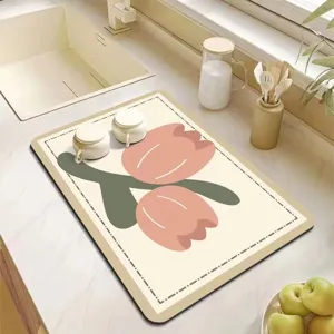 Tapis Égouttoir de Cuisine Tapis de Table à Café Absorbant Set de Table Résistant à la Chaleur Joli Imprimé Floral Caoutchouc Antidérapant Tapis de Séchage