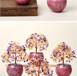 Natural amethyst citrine crystal money tree potted ornament for home desktop decor detail display.