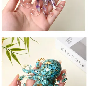 Crystal crushed stone resin octopus ornament detail view, cute animal desktop craft decor.