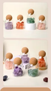 Natural crystal rough stone glass jars with cork lids, gemstone decorative aromatherapy bottles.