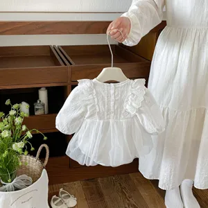 Infant baby girl long sleeve lace princess romper detail view, sweet autumn clothing design.