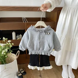 Infant baby girl ruffles hooded grey jacket and polka dot pants cute sweet casual outfit set