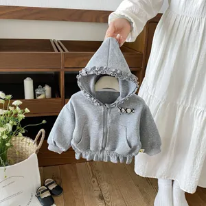 Infant toddler grey hooded jacket with cute ruffles, sweet casual zip-up baby coat for girls.