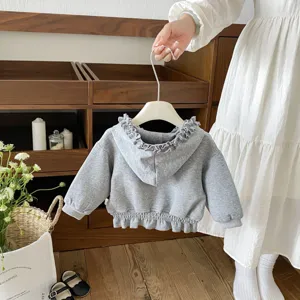 Infant casual ruffle hooded grey sweatshirt sweet baby girl outerwear detail view