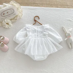 Infant baby girl white long sleeve lace romper dress with cute mesh tutu skirt for party.