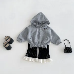 Infant baby girls grey ruffle hoodie and polka dot flared pants outfit set with shoes bag.