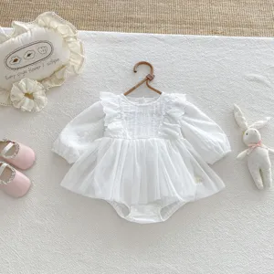 Infant baby girl long sleeve white lace romper dress with floral embroidery and cute ruffles.