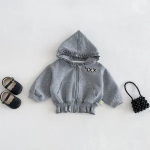 Toddler gray ruffles hooded jacket with front zipper and pockets, cute baby casual daily wear.