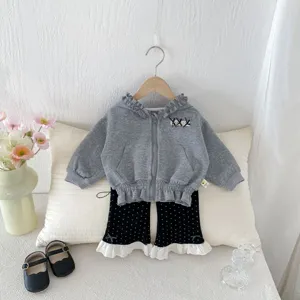 Baby toddler cute grey hoodie jacket and black polka dot pants set sweet casual style clothing