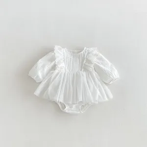 White baby girl long sleeve romper dress infant cute mesh tutu lace lace-up toddler clothes