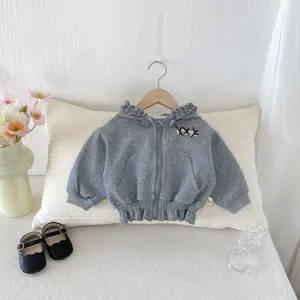 Infant baby girl grey ruffles hooded jacket cute sweet casual daily wear toddler coat top