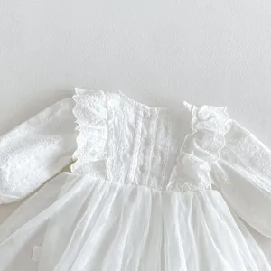 Long sleeve baby girl dress newborn white mesh princess romper infant baptism birthday outfit