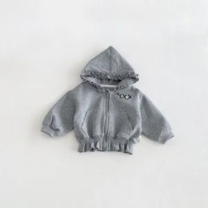 Infant baby toddler grey hooded jacket with cute ruffles and zipper, casual cozy daily wear.