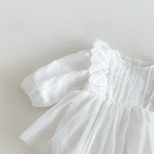 White baby girl long sleeve lace mesh romper dress infant cute princess bodysuit detail