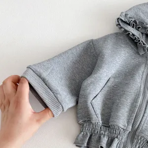 Grey baby hooded jacket detail, sweet ruffle design, soft and comfortable toddler daily wear.