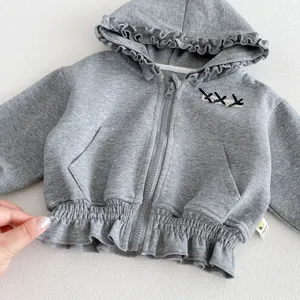 Infant Grey Ruffle Hooded Jacket Cute Baby Girl Zip Cardigan Korean Style Casual Outerwear