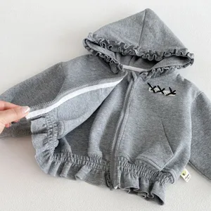 Toddler grey hooded jacket detail, sweet ruffle trim and cute bow design for baby girls.